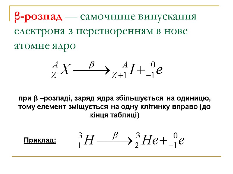 β-розпад — самочинне випускання електрона з перетворенням в нове атомне ядро при β –розпаді,